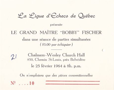 Bobby Fischer Simultaneous Exhibition Ticket for the 1964