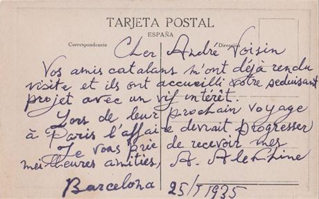 Postcard from the Ritz Hotel Barcelona, January 25, 1935 signed by Alekhine